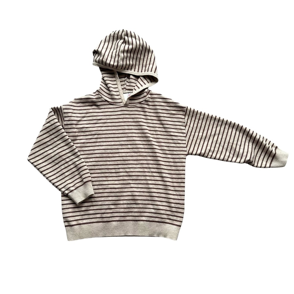 Zara Hoodie Size 4Y Beige Brown Horizontal Striped Knit Ribbed Trim Pullover